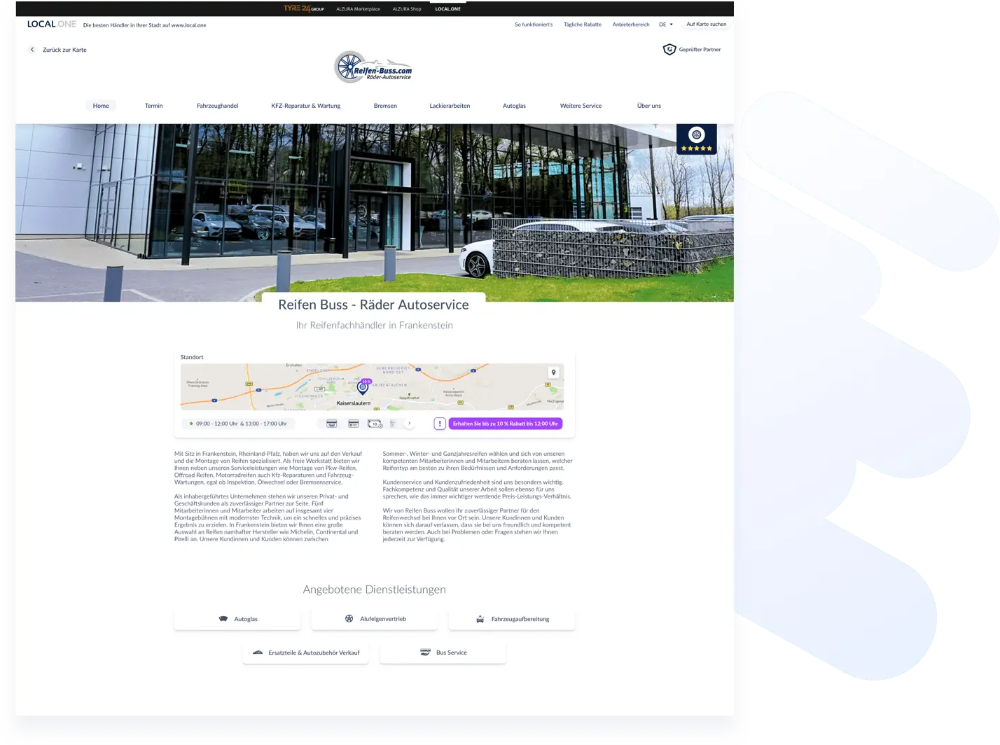 Een gedeelte van de website van een winkelier toont relevante informatie van de winkelier, zoals een kleine kaart met de locatiemarkering, openingstijden, betaalmethoden, beschikbare kortingen, een informatietekst en een lijst met aangeboden diensten.