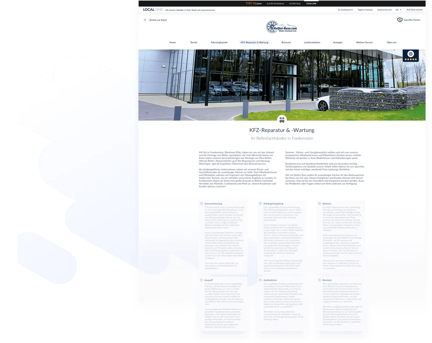 Een gedeelte van de website van een winkelier met informatieve teksten over een hoofddienst en subdiensten die door de winkelier worden aangeboden.
