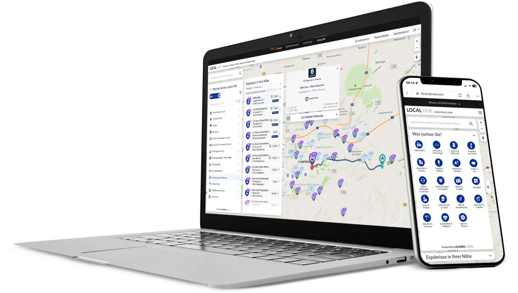 Voorbeeld van de LOCAL.ONE app op een laptop en smartphone met de filteropties